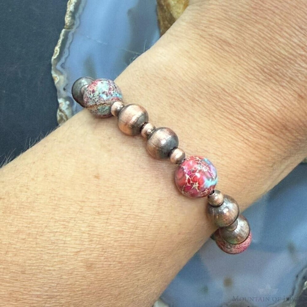 4-8mm Copper Navajo Pearl & 10mm Sediment Jasper Stretch Bracelet For Women
